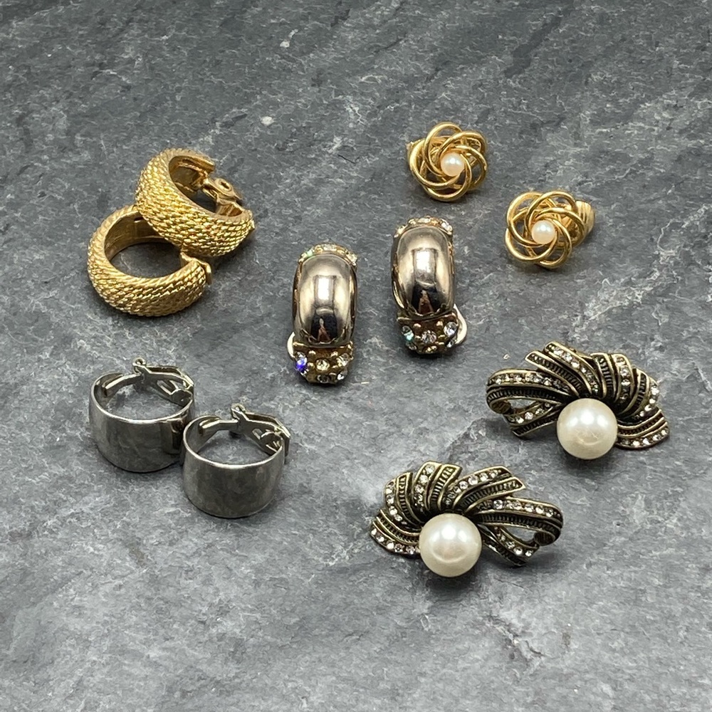 CLIP-ON Women’s Vintage Bundle 5x pairs earrings silver gold cloisonné